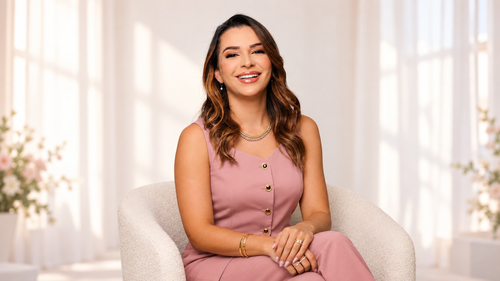 Lara Luiza sentada em uma poltrona clara, sorrindo com as mãos no colo